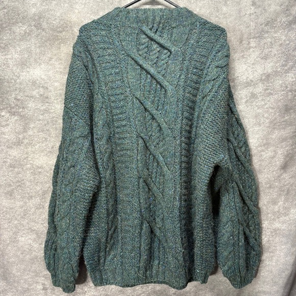 VTG 80s LL Bean Handknit Cable Knit Fisherman Sweater Mens Large Wool Dark Green - Picture 4 of 12